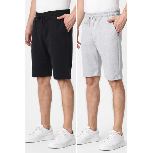 شورت رجالي مريح بقصة عادية بحزام مطاطي وجيوب جانبية - أسود ورمادي (عبوة من 2) Men's Black-Anthracite Regular Fit Comfortable Shorts with Elastic Waist and Side Pockets - 2-Pack (Black-Grey)