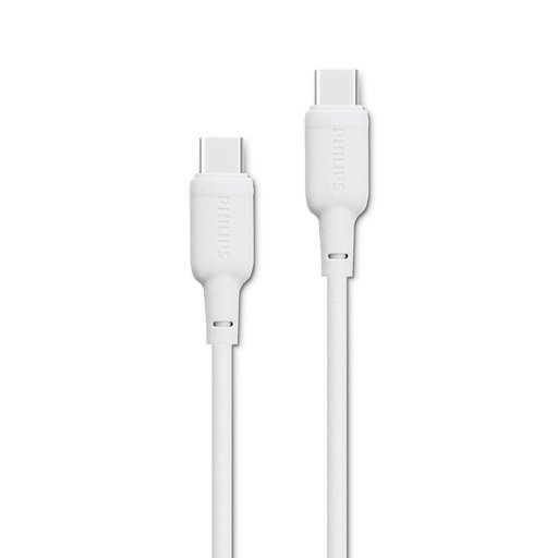 فيلبس DLC6541CW/00 كيبل شحن ومزامنة Type-C to Type-C قدرة 60W يدعم PD Philips Sync & Charge Cable DLC6541CW/00 C to C 1.2M, Max 3A Silicon wrapped, 60W - White