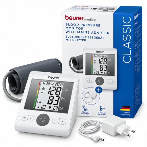 جهاز قياس ضغط الدم الإلكتروني من بيورير مع محول كهربائي – Beurer BM 28 Beurer BM 28 Upper Arm Blood Pressure Monitor with Mains Adapter