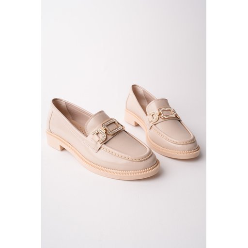 حذاء لوفر نسائي Muggo ARVEN بتفاصيل حجرية وإبزيم معدني - بيج Muggo ARVEN Women's Loafer Shoes with Stone Details & Metal Buckle - Tan