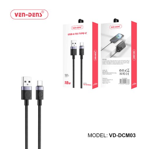 كابل شحن ونقل بيانات فين-دينز من يو إس بي إيه إلى يو إس بي سي بقوة 18 واط Ven-Dens USB-A to Type-C Charging and Data Cable 18W