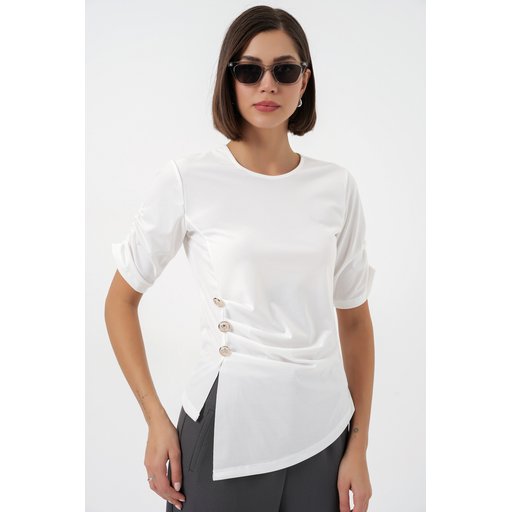 بلوزة ساندي نسائية بتفاصيل أزرار 992 - أبيض Women's Button Detail Sandy Blouse 992 - White