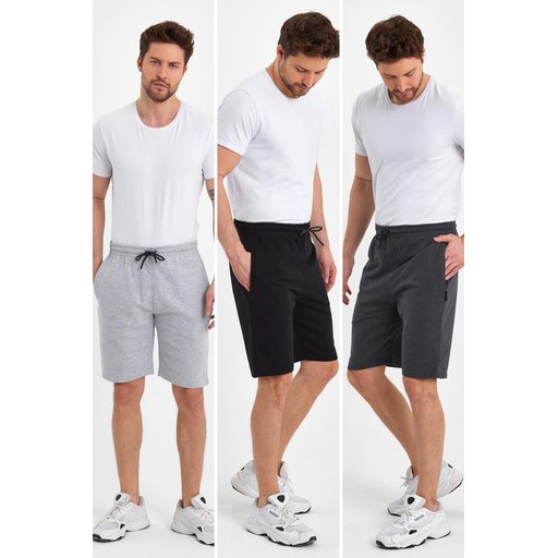 شورت رجالي بقصة عادية ومريح مع جيوب جانبية - عبوة 3 قطع (أسود، رمادي، أنثراسيت) Men's Regular Fit Comfortable Side Pocket Shorts - 3-Pack (Black, Grey, Anthracite)
