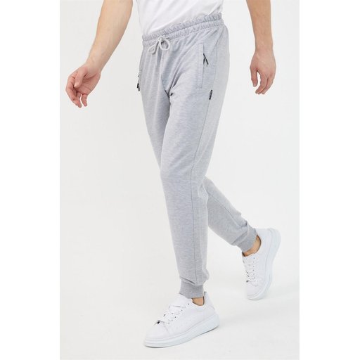 بنطلون رياضي رجالي رمادي بأساور سفلية وسحاب جيب Men's Grey Jogger Sweatpants with Ribbed Cuffs and Zipper Pockets