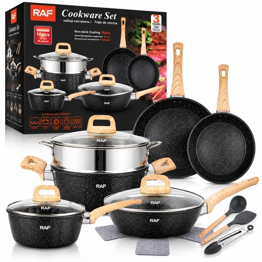 طقم قدور ومقالي راف 16 قطعة غير لاصق أسود موديل R.80012 RAF Non-Stick Cookware Set 16 Pieces Black R.80012