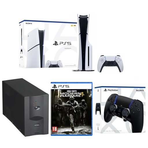 باندل بلايستيشن 5 سليم مع يو بي اس 1500 ويدة DualSense Edge سوداء ولعبة مودرن وورفير 4 PlayStation 5 Slim Bundle with 1500VA UPS, DualSense Edge Black & Modern Warfare 4