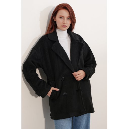 9143 معطف نسائي أسود بياقة متقاطعة من الكاشيه 9143 Women's Black Crossover Collar Cachet Coat