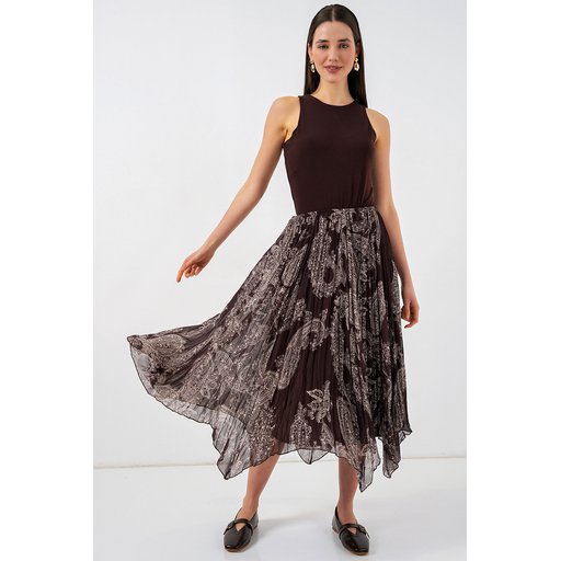 تنورة نسائية شيفون تُل غير متماثلة 8061 - بني Women's Asymmetrical Tulle Chiffon Skirt 8061 - Brown