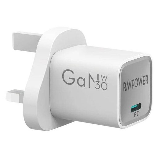 شاحن جداري راف باور بايونيير بقوة 30 واط بتقنية GaN 5.0 ومنفذ تايب سي - أبيض RAVPower PD Pioneer 30W GaN 5.0 USB-C Wall Charger