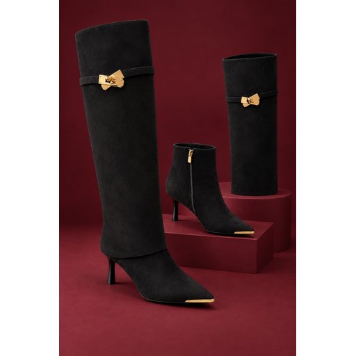 بوت نسائي MUGGO SERENZA بكعب رفيع، قابل للفك، إبزيم ومقدمة معدنية مدببة - بيج سويدي Muggo SERENZA Women's Stiletto Boots with Detachable Cuff, Buckle, Zipper, and Metal-Tipped Pointed Toe - Beige Suede