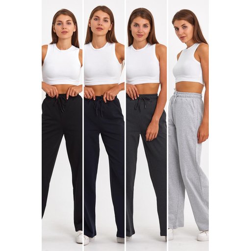 طقم بناطيل رياضية نسائية فضفاضة 4 قطع - أسود، كحلي، رمادي، أنثراسيت Women's Loose Fit Wide Leg Sweatpants 4-Pack - Black, Navy, Anthracite, Grey