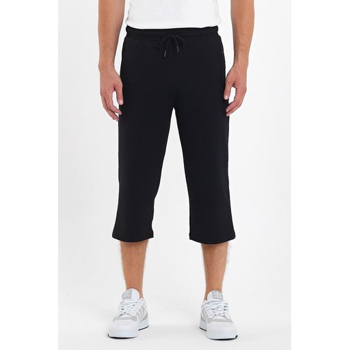 شورت برمودا رجالي أسود بجيوب وسحاب، طول الركبة، خصر مطاطي قابل للتعديل Men's Black Bermuda Shorts with Zipper Pockets, Knee-Length, Adjustable Elastic Waist