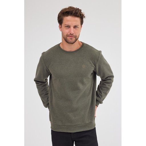 سويتشيرت رجالي بيسك بياقة دائرية، قصة عادية، قطن، لون كاكي Men's Khaki Standard Fit Regular Cut Cotton Basic Crew Neck Sweatshirt