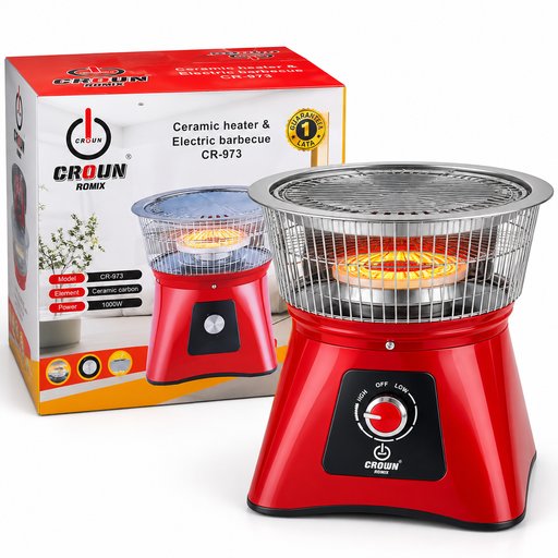 مدفأة كهربائية سيراميك كراون مع شواية – 1000 واط – أحمر – CR-973 Crown Ceramic Heater & Electric Barbecue 1000W – Red – CR-973