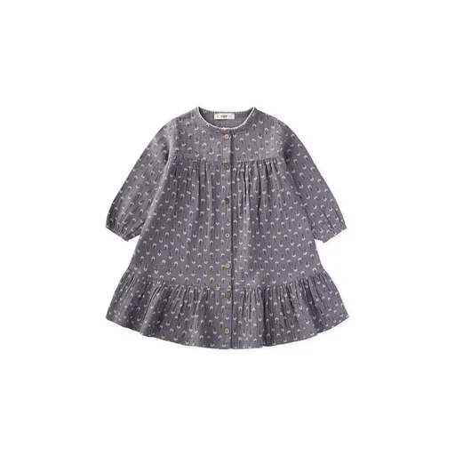 فستان أطفال من الموسلين بنقشة - رمادي دخاني (2-8 سنوات) Patterned Muslin Dress for Kids - Smoky Gray (2-8 Years)
