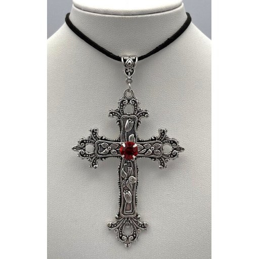 قلادة الصليب الفضي بالكرستالة الحمراء Silver cross with red crystal necklace