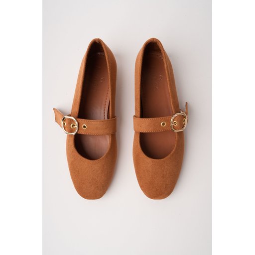 حذاء باليه نسائي Muggo HALSEY جلد ذهبي بإبزيم - لون توباكو Muggo HALSEY Gold Buckle Leather Women's Ballet Flats - Tobacco