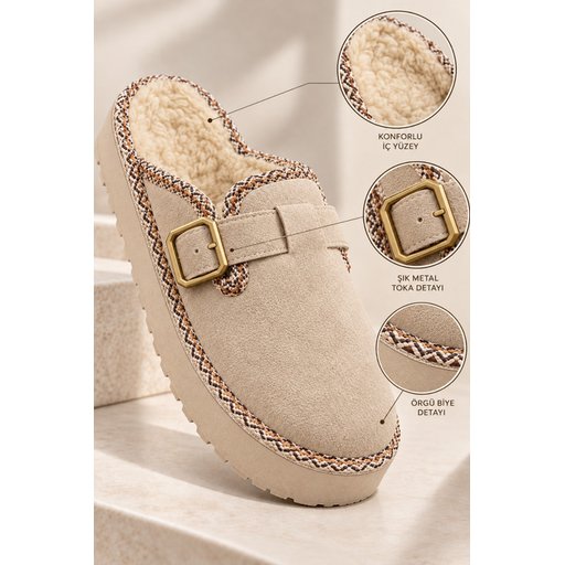 شبشب نسائي شتوي يومي Muggo MAYRA مبطن بالفرو مع إبزيم - بيج Muggo MAYRA Women's Winter Daily Slipper with Buckle and Faux Fur Lining - Beige