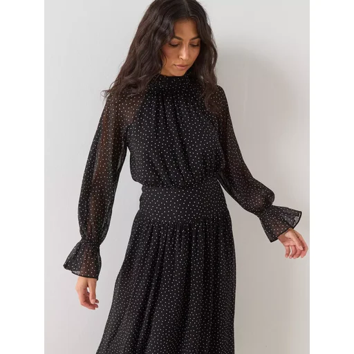 فستان ميدي أسود بنقشة البولكا دوت وأكمام مكشكشة Polka dot dress with puffed sleeves
