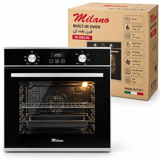 فرن بلت إن غاز وكهرباء ميلانو 60 سم سعة 72 لتر أسود موديل ID-DBC40 Milano Built-in Gas & Electric Oven 60cm 72L Black ID-DBC40