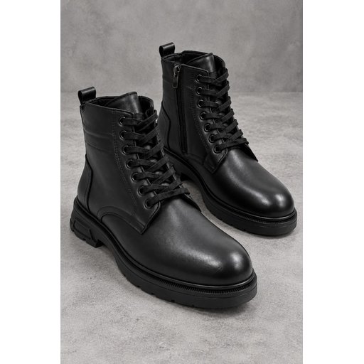 بوت رجالي Muggo DIARA شتوي جلد طبيعي برباط وسحاب - أسود Muggo DIARA Men's Genuine Leather Lace-Up & Zipper Winter Boots - Black