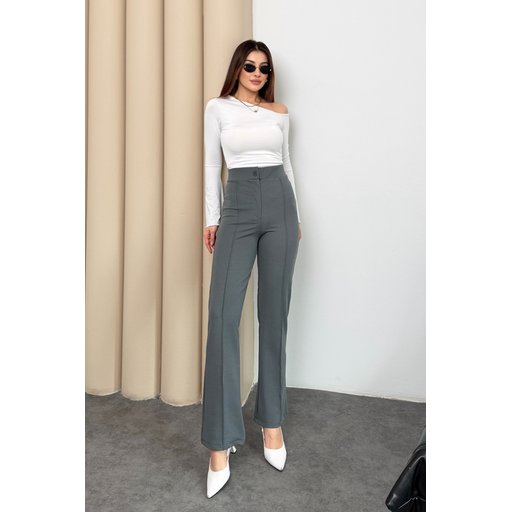 بنطلون بالازو نسائي بخصر عالٍ، مريح، مزين بأزرار وسحاب، لون فومي Women's High-Waist Buttoned Zippered Smoked Ribbed Palazzo Pants