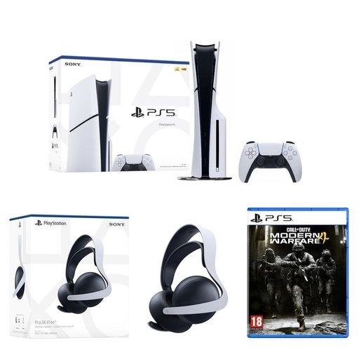 باندل بلايستيشن 5 سليم مع سماعة بلس إليت اللاسلكية ولعبة كول أوف ديوتي مودرن وورفير 4 PlayStation 5 Slim Bundle with PULSE Elite Wireless Headset & Call of Duty Modern Warfare 4