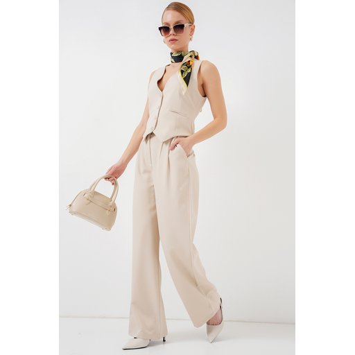 طقم نسائي قطعتين 6709 - سترة وبنطلون - كريمي 6709 Women's Vest & Trousers Two-Piece Set - Cream