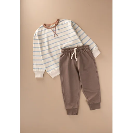 طقم سويت شيرت مخطط للأطفال 2-8 سنوات - أزرق مخطط Striped Sweatshirt Set for Kids 2-8 Years - Blue Striped