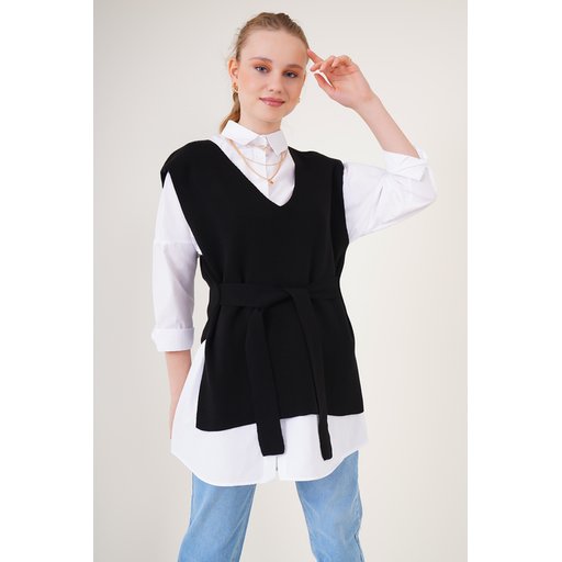 15760 سويتر تريكو بحزام - أسود 15760 Belted Knit Sweater - Black