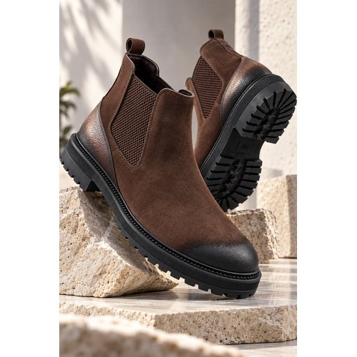 بوت تشيلسي رجالي Muggo BRAWN جلد طبيعي عتيق بنعل سميك - بني Muggo BRAWN Men's Genuine Leather Vintage Chelsea Boots with Thick Sole - Brown