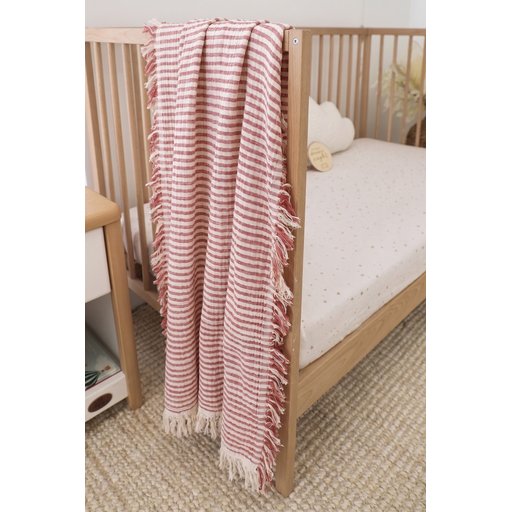 بطانية أطفال موسلين 4 طبقات بشراشيب 80×120 سم - مخططة باللون الأحمر Four-Layer Muslin Tasseled Baby Blanket 80x120 cm - Red Striped