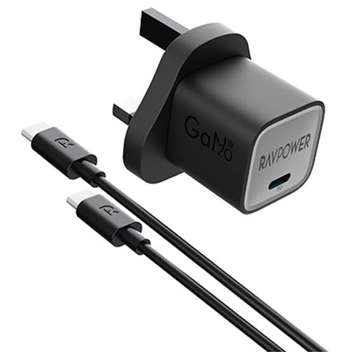 شاحن جداري غان سريع راف باور بايونيير بقوة 20 واط مع كابل تايب سي إلى تايب سي RAVPower PD Pioneer 20W GaN 5.0 USB-C Wall Charger with USB-C to USB-C Cable