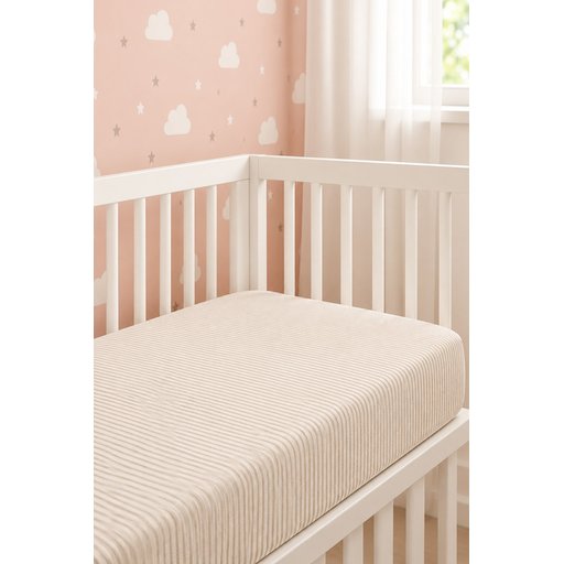 ملاية سرير موسلين مطاطية مقاومة للماء 60x120x15 سم - أخضر بخطوط رفيعة Muslin Fitted Waterproof Sheet 60x120x15 cm - Green Thin Striped