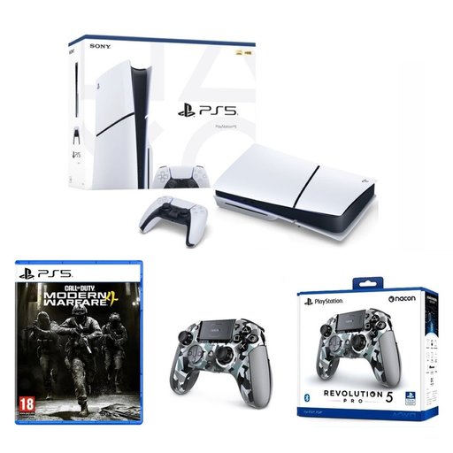 باندل بلايستيشن 5 سليم مع يدة ناكون ريفولوشن 5 برو ولعبة مودرن وورفير 4 PlayStation 5 Slim Bundle with Nacon Revolution 5 Pro Camo & Modern Warfare 4