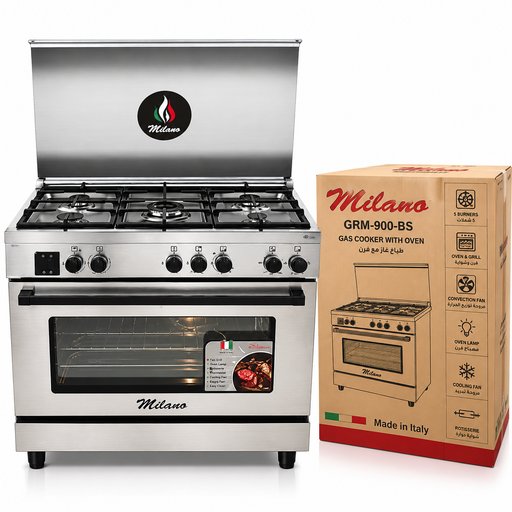 طباخ غاز ميلانو 90×60 سم 5 شعلات ستيل مع فرن وشواية - GRM-900-BS Milano 90x60 cm 5-Burner Stainless Steel Gas Cooker with Oven & Grill - GRM-900-BS