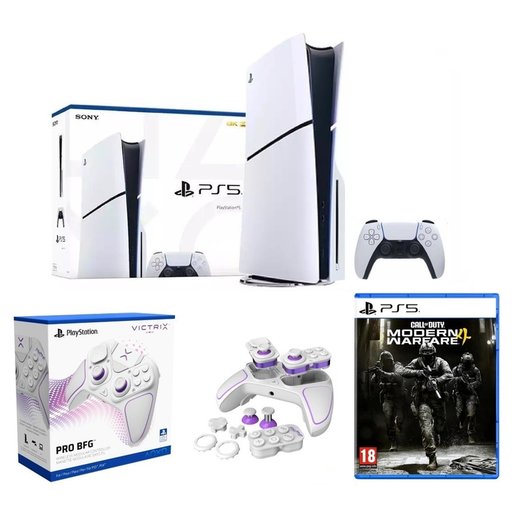باندل بلايستيشن 5 سليم مع يدة فيكتريكس برو بي إف جي ولعبة مودرن وورفير 4 PlayStation 5 Slim Bundle with Victrix Pro BFG Controller & Modern Warfare 4