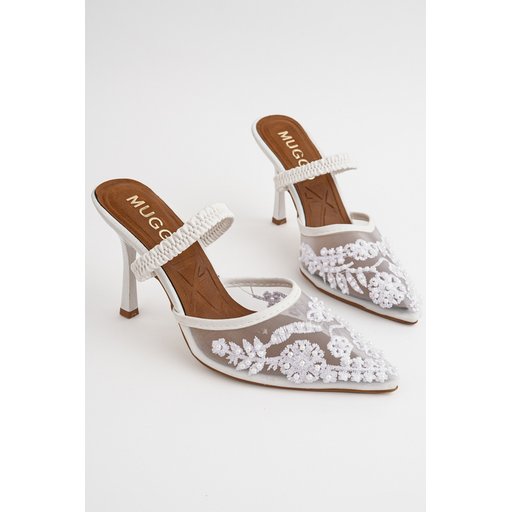 Muggo PEARLY حذاء نسائي بكعب رفيع مدبب مزين بالخرز والشبك - أبيض Muggo PEARLY Pointed Toe Beaded Mesh Stiletto Mules for Women - White