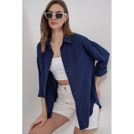 قميص نسائي أوفرسايز فيسكوز 3785 - كحلي Women's Oversize Viscose Shirt 3785 - Navy Blue