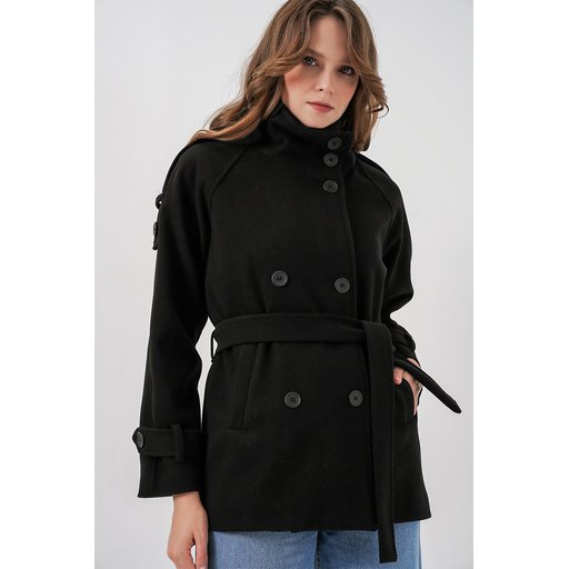 معطف نسائي شتوي بحزام 9162 - أسود Women's Belted Cachet Coat 9162 - Black