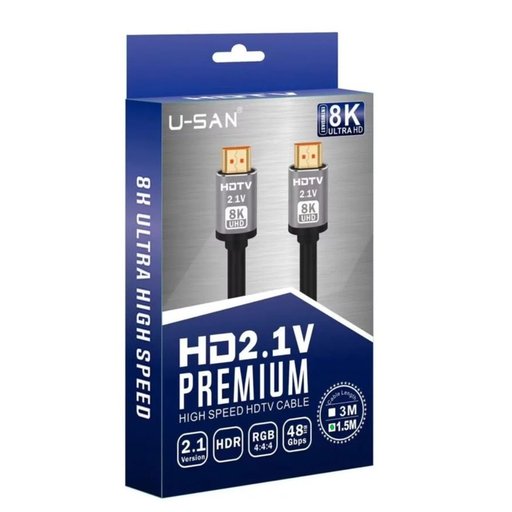 كابل يو سان اتش دي ام اي 2.1 فائق السرعة بدقة 8K بطول 1.5 متر للشاشات ومنصات الألعاب U-SAN HD2.1V Premium Ultra High Speed 8K HDMI Cable 1.5M
