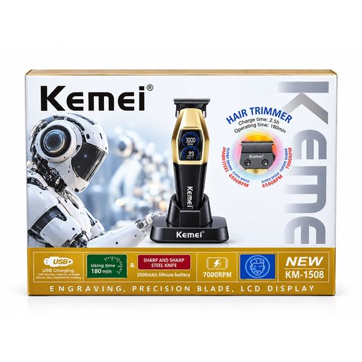ماكينة حلاقة وتحديد الشعر واللحية الاحترافية كيمي Kemei KM-1508 بقاعدة شحن (ذهبي أسود) Kemei KM-1508 Professional Hair Trimmer with Charging Base (7000 RPM)