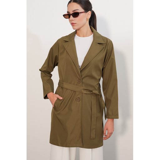 ترنشكوت نسائي قصير بحزام 5990 - كاكي Women's Belted Short Trench Coat 5990 - Khaki