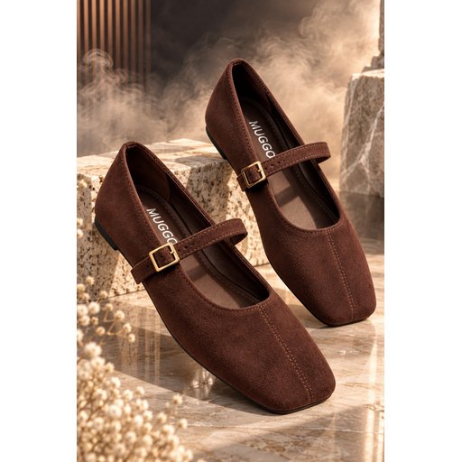حذاء MUGGO FLEUR ماري جين نسائي مسطح برباط واحد ومقدمة مربعة - بني Muggo FLEUR Women's Single-Strap Square-Toe Flat Mary Jane Shoes - Brown