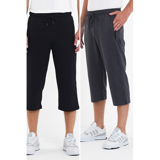 برمودا رجالي طويل أسود-فحمي بجيوب بسحاب وحزام خصر قابل للتعديل Men's Black-Anthracite Bermuda Shorts with Zipper Pockets & Adjustable Waist