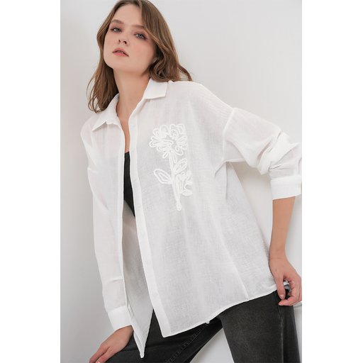 قميص نسائي كتان واسع 20338 - أبيض Women's Oversize Linen Shirt 20338 - White