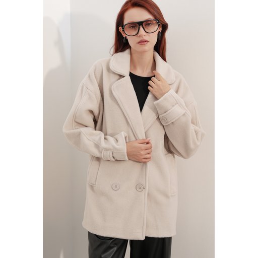9143 معطف كاشيه نسائي بياقة متقاطعة - لون إكرو 9143 Women's Crossover Collar Cachet Coat - Ecru