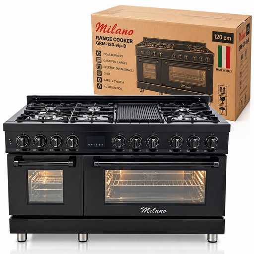 طباخ ميلانو غاز 120 سم ستانلس ستيل أسود – 7 شعلات Milano 120 cm Black Stainless Steel Gas Cooker – 7 Burners