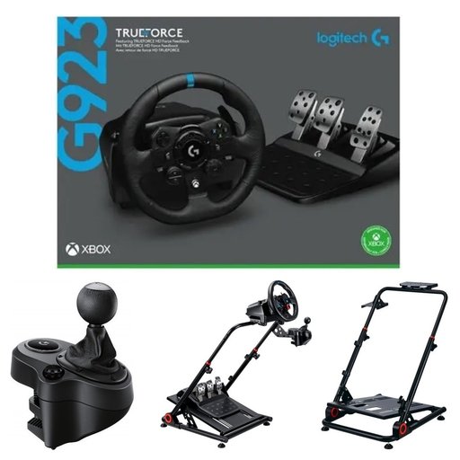 حزمة مقود لوجتك G923 ترو فورس لمنصات إكس بوكس والكمبيوتر مع الدواسات وناقل الحركة وستاند جي كيك الاحترافي القابل للطي Logitech G923 TRUEFORCE Racing Wheel & Pedals for Xbox & PC Bundle with Shifter and GAMERTEK Foldable Wheel Stand