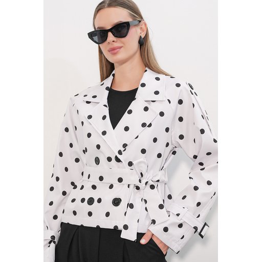 معطف ترنش قصير نسائي بحزام 5970 - أبيض Women's Belted Short Trench Coat 5970 - White